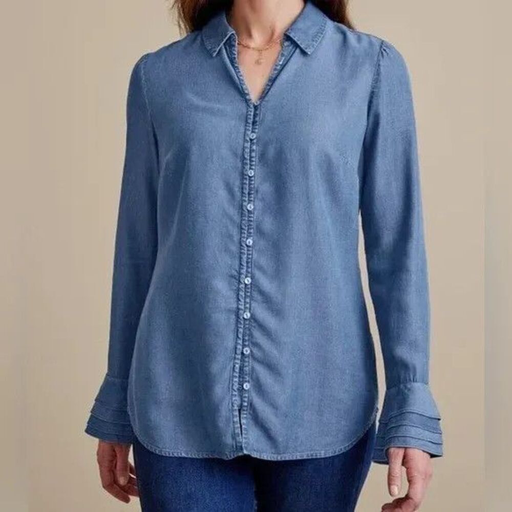 Soft Surroundings Shirt Womens Medium Blue Tencel Chambray Button Tunic Top New